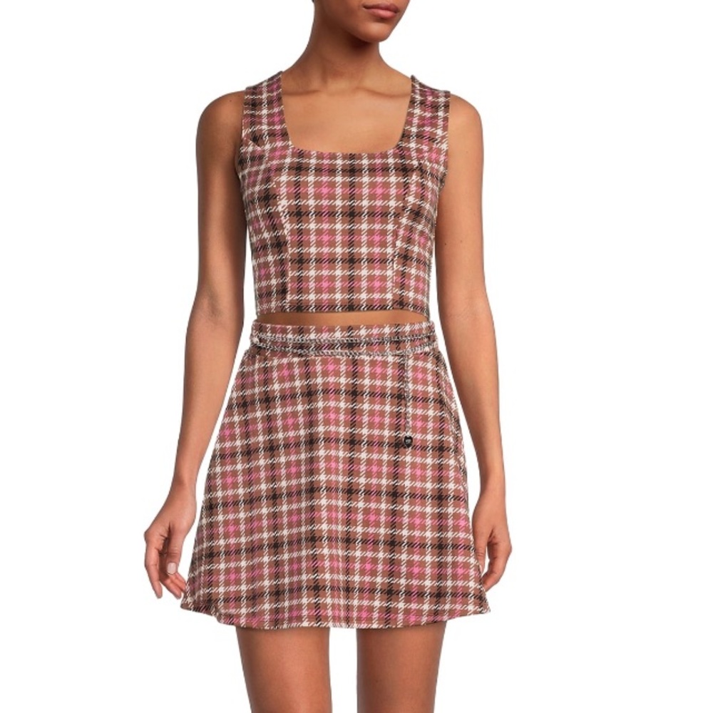 MADDEN NYC Pink & Brown Plaid Tank Top & Skirt Set with Chain Belt